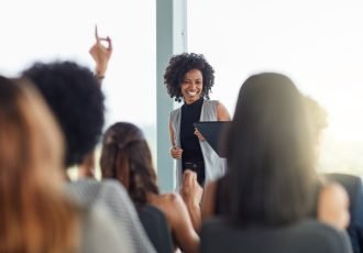 Question,,Black,Woman,And,Smile,In,Seminar,,Speaker,And,Audience